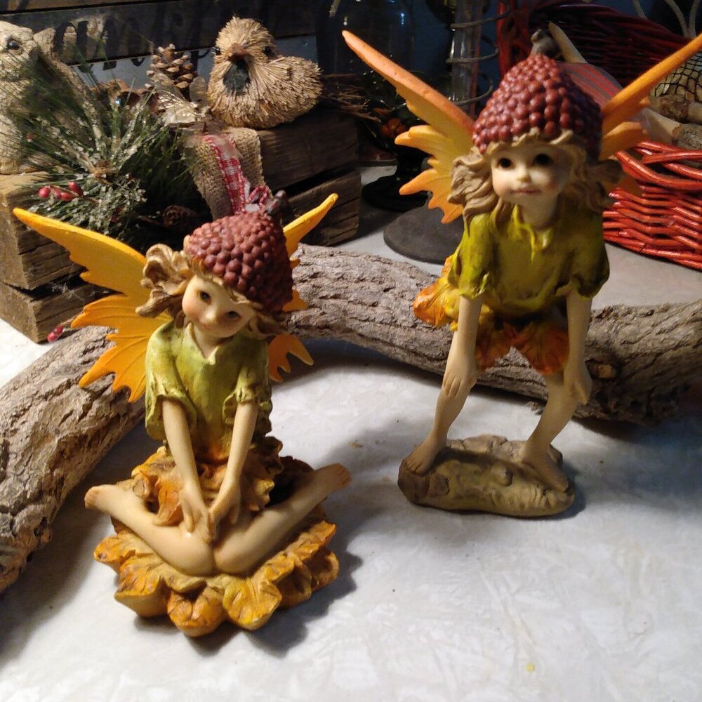 Pumpkin Patch Fairy Pixie Figurines with Acorn Hats